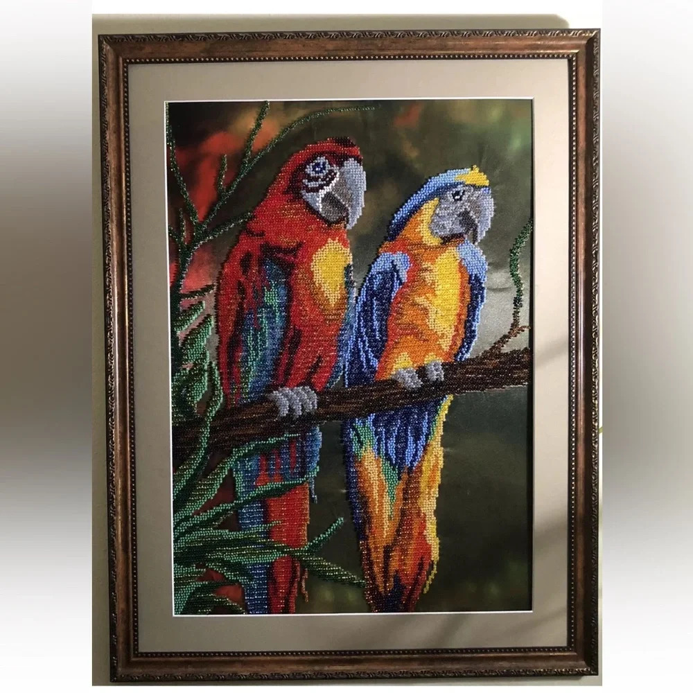 Handmade Beaded Embroidery Art wall Decor Gift Picture “Parrots” 16x20”